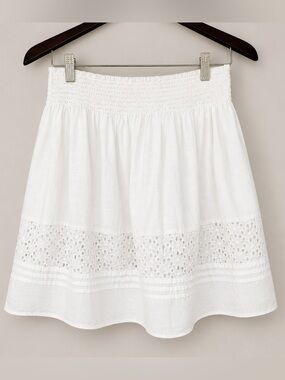 Calvin Klein Eyelet Lace Smocked White A-Line Skirt Boho Cottagecore Resort M